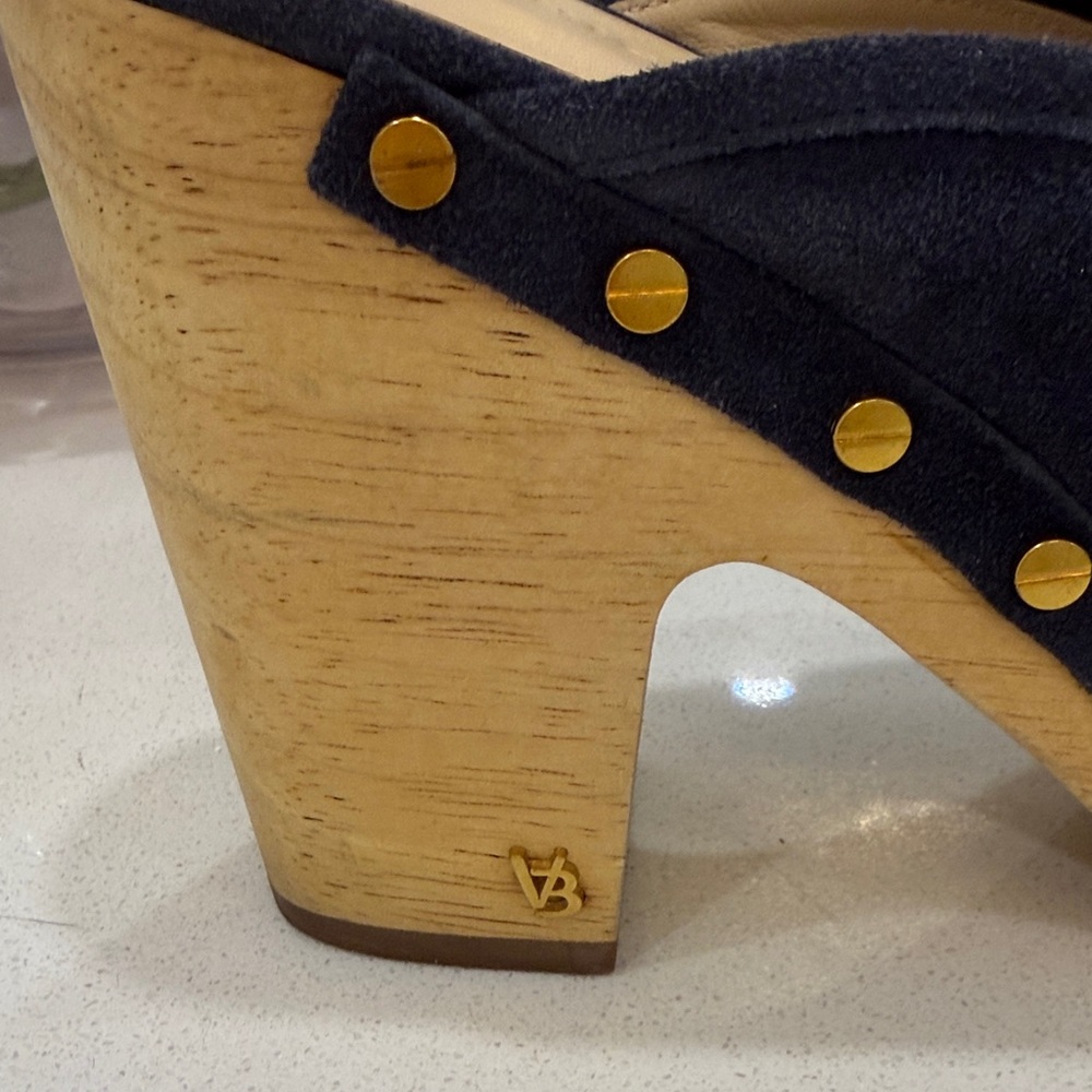 Veronica Beard Navy Suede Mules with Gold Accents - Picture 3 of 11